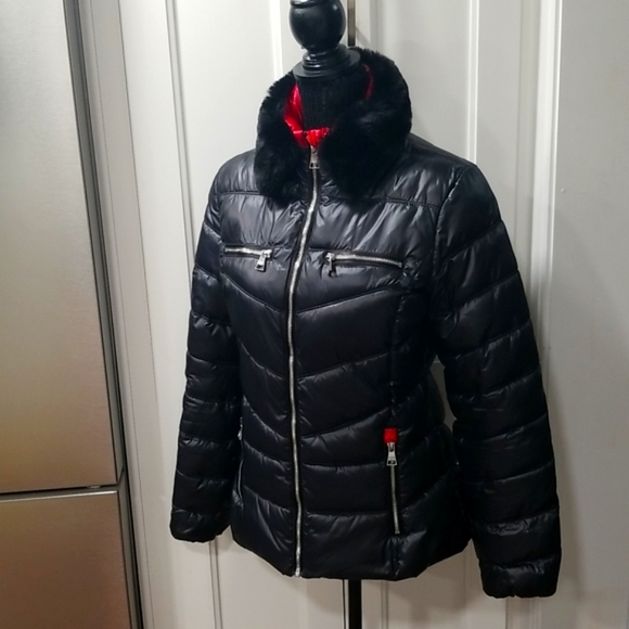 NEW! Karl Lagerfeld Faux Fur Collar Short Black Puffer Jacket Size Small - Picture 3 of 10